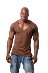 Black bodybuilder in casual clothes isolated