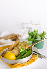Sesame Chicken Schnitzels with lemon sugar snaps