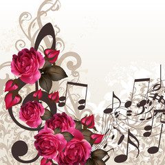 Music vector background with treble clef and roses for design