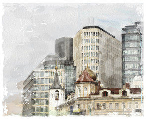 watercolor illustration of city scape