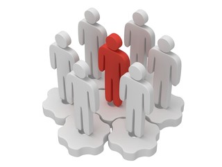 Teamwork. Group of stylized people stand on gears.