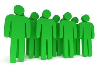 Group of stylized green people stand on white