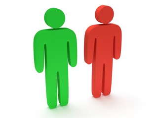Red and green stylized person stand on white