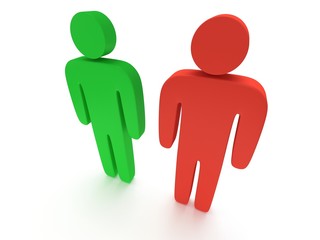 Red and green stylized person stand on white