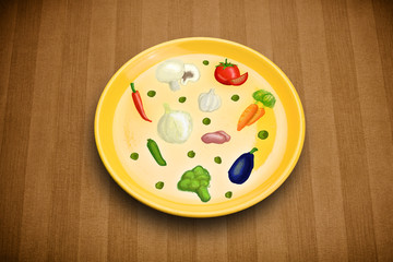 Colorful plate with hand drawn icons, symbols, vegetables and fr