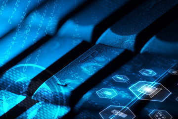 Keyboard with glowing multimedia icons