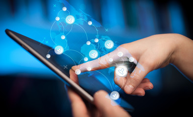 Hand touching tablet pc, social network concept