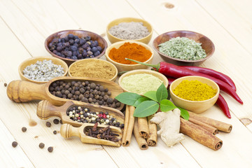 Variety of spices on wooden background