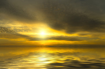 Very bright sunset. The sun is absorbed by dramatic clouds