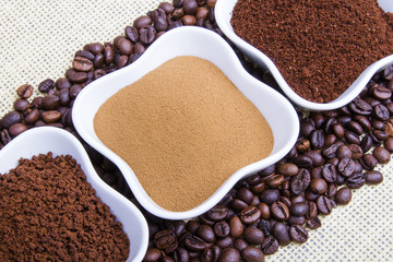 types of coffee: grounds, instant, powder, coffee beans