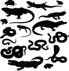 Collection from 16 black vector icons of reptiles