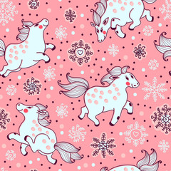 Seamless pattern with horses and snowfall in cartoon style.