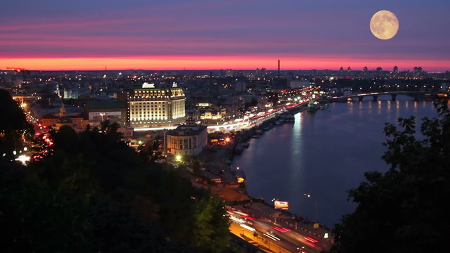 Moving moon city time-lapse, traffic movement, lights, dusk cars