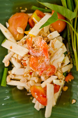 Somtam , Coconut shoot salad with shirmp ,bean and vegetable