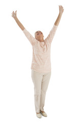 Successful Woman With Hands Raised Over White Background