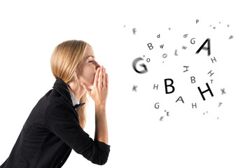 businesswoman talking and letters coming out of her mouth