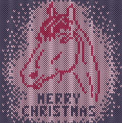 Knitted background with image a horse. Merry Christmas