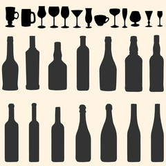 vector line icon set - bottles and stemware