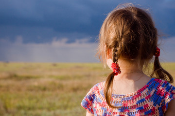 Little girl with braids looking at landscape