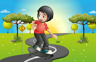 A boy skateboarding at the road