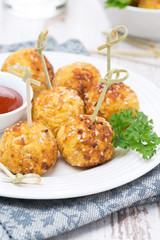chicken meatballs in breading with tomato sauce, closeup