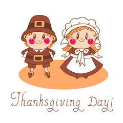 Thanksgiving Day children Pilgrim Couple.