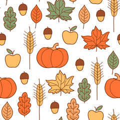 Seamless pattern with pumpkins, leaves, wheat and apples.