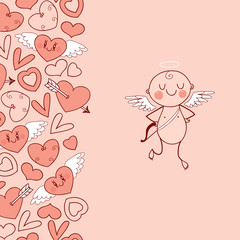 Weddings and Valentine's Day card with cute Cupids and hearts