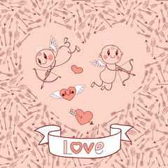 Weddings and Valentine's Day card with cute cupids, arrows
