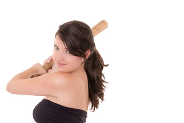 Pretty lady with a baseball bat, isolated on white background