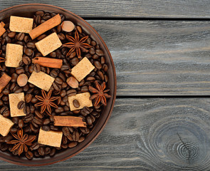 Coffee beans, sugar and spices