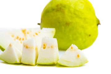 Guava and banana on a white background.
