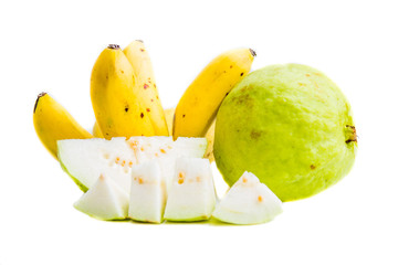 Guava and banana on a white background.