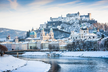 Salzburg skyline with river Salzach in winter, Austria