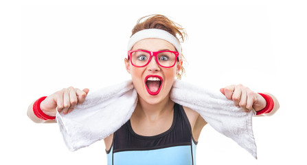 Surprised funny fitness woman ready for gym