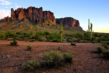 Papier Peint photo Lavable Parc naturel Montagnes de la superstition et désert de l& 39 Arizona au crépuscule