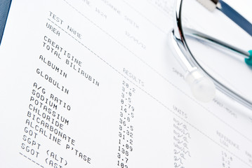 Blood test results in a clipboard with stethoscope