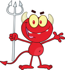 Cute Little Red Devil Holding Up A Pitchfork