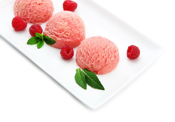 Delicious ice cream on plate isolated on white