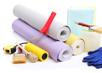 Wallpaper and accessories for glue wallpaper, isolated on white