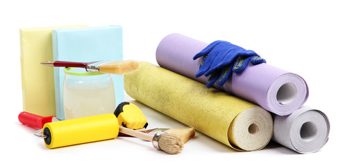 Wallpaper and accessories for glue wallpaper, isolated on white