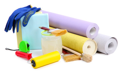 Wallpaper and accessories for glue wallpaper, isolated on white