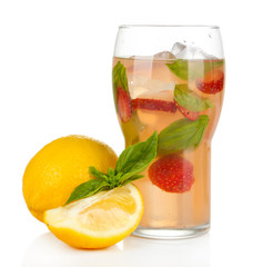 Basil lemonade with strawberry in glass, isolated on white