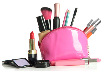 Beautiful make up bag with cosmetics , isolated on white