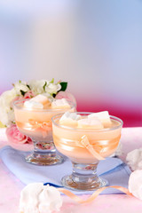 Tasty yogurt with marshmallows, close up