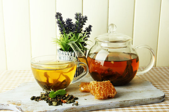 Cup And Teapot Of Green Tea With Honey