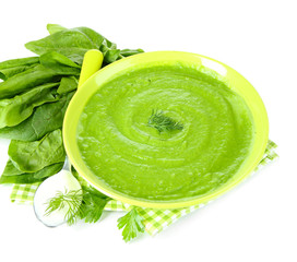 Tasty spinach soup, isolated on white