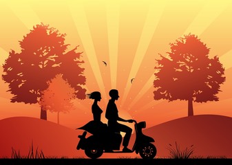 Girl and boy riding a scooter at the park