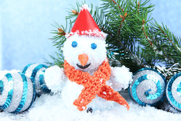 Beautiful snowman and Christmas decor, on blue background