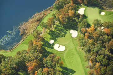 Aerial view of golf course in autumn